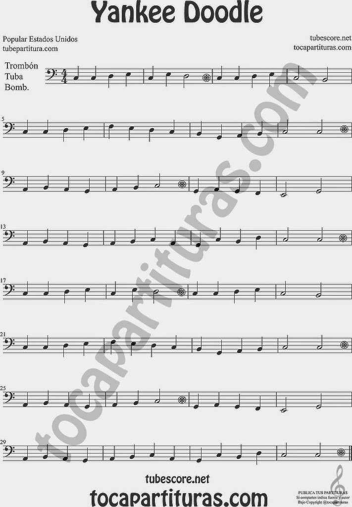  Yankee Doodle Partitura de Trombón, Tuba Elicón y Bombardino Sheet Music for Trombone, Tube, Euphonium Music Scores