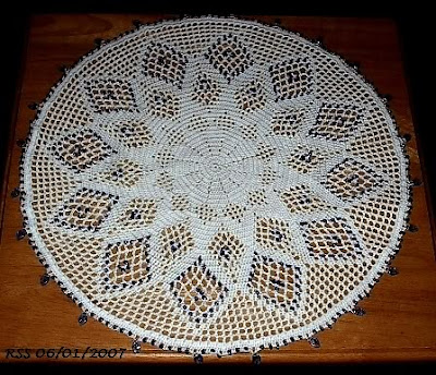  Large Doily or Centerpiece or Table Topper - White with Navy Blue Beading - Email RSS Designs In Fiber for a Custom Request