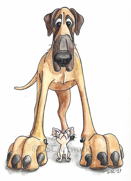 great dane chihuahua dog pet animal cartoon caricature watercolor pen ink painting art