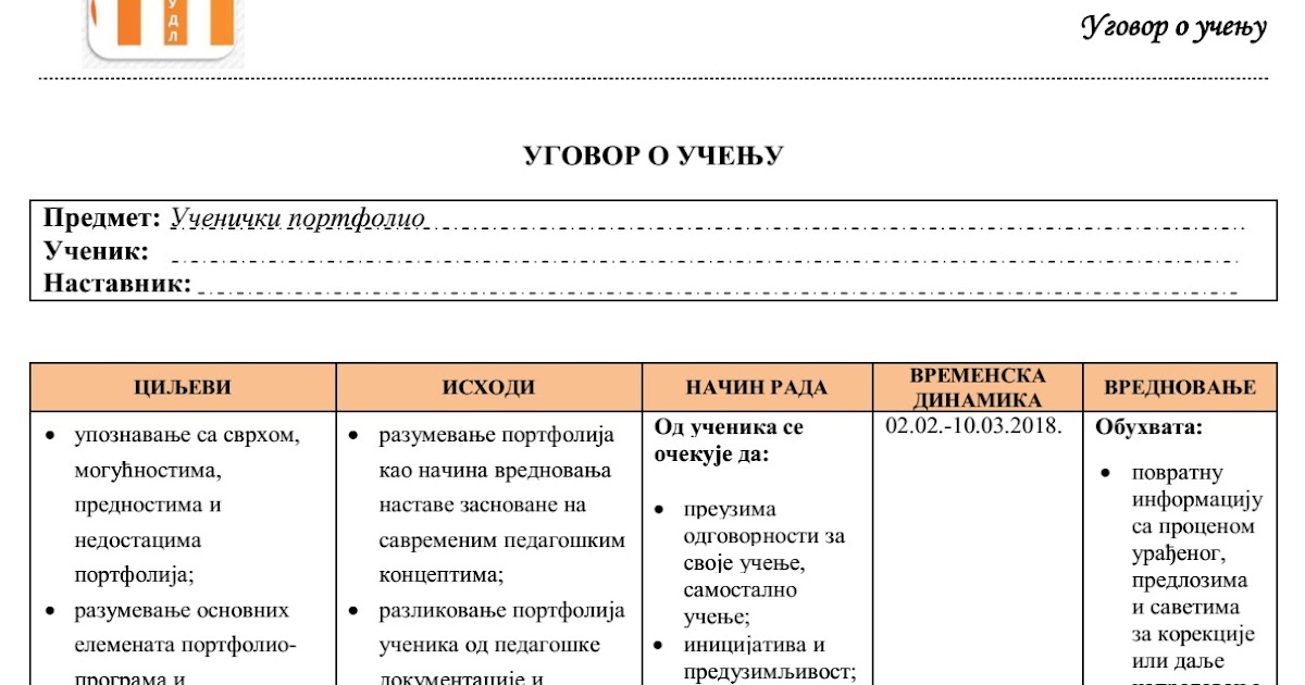 Ученички портфолио: Уговор о учењу