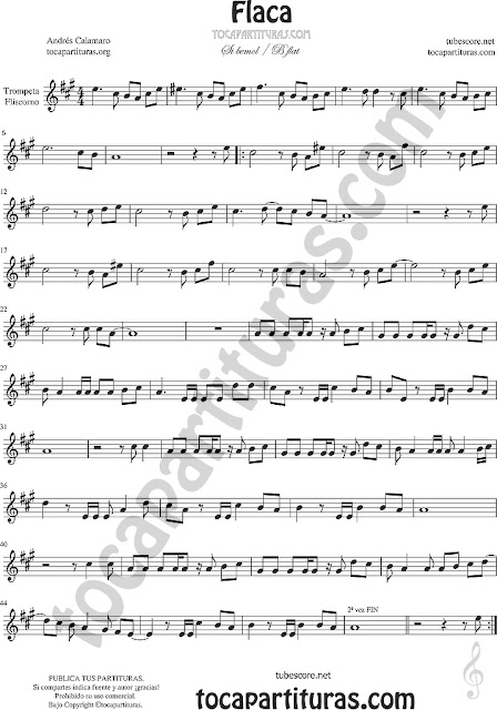 Trompeta y Fliscorno Partitura de Flaca Sheet Music for Trumpet and Flugelhorn Music Scores