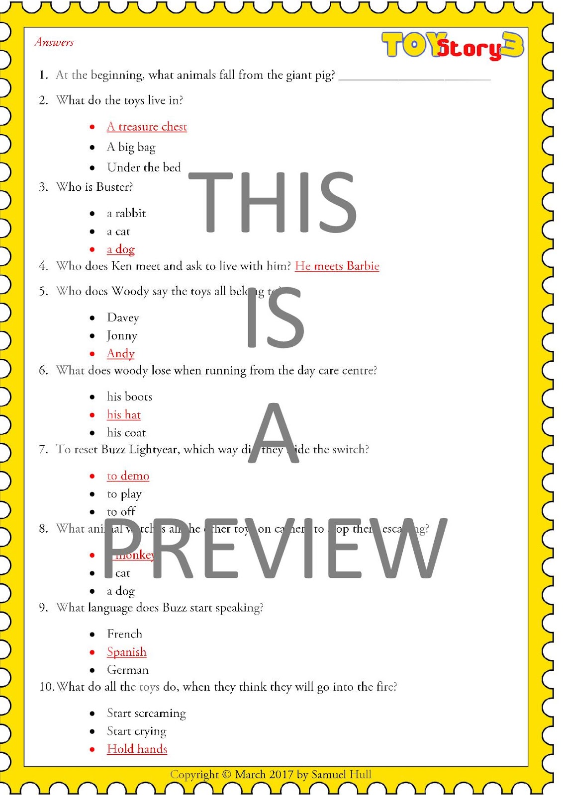 Toy Story 3 (2010) Movie Questions + Activities Answer Key Included