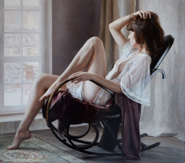 Aydemir Saidov pinturas foto-realistas mulheres nuas sensuais provocantes pele clara