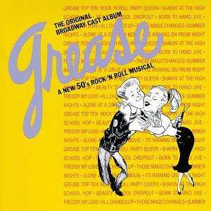 Cover del musical Grease. Fondo amarillo con una pareja bailando. Texto: A new 50's Rock 'n Roll musical