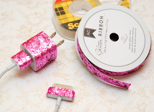 glitter your cell phone charger with glitter ribbon