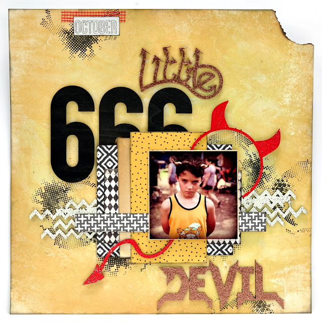 Little Devil Halloween Scrapbook Layout with Painted and Embossed Chipboard