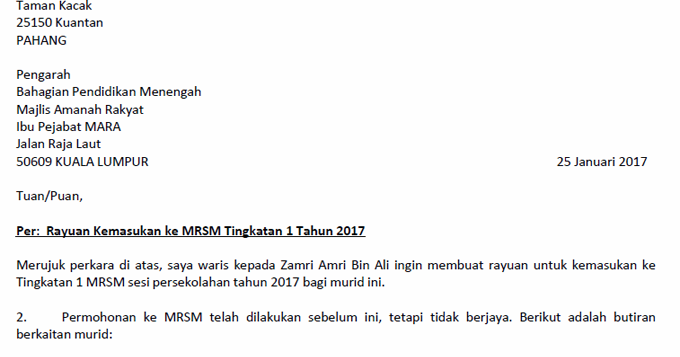 Format Contoh Surat Rayuan Kemasukan Ke Mrsm