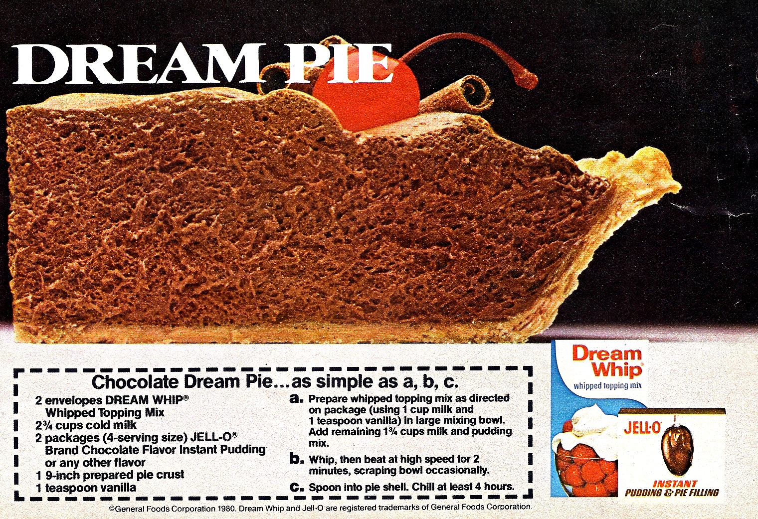 Dying for Chocolate Chocolate Dream Pie Retro Ad & Recipe