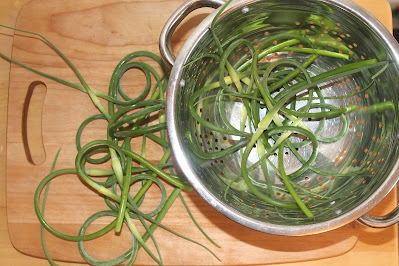Garlic scapes in a colander and on a cutting board.
