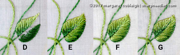 Progressing through the stages of stitching a leaf. (Society Silk Violets)