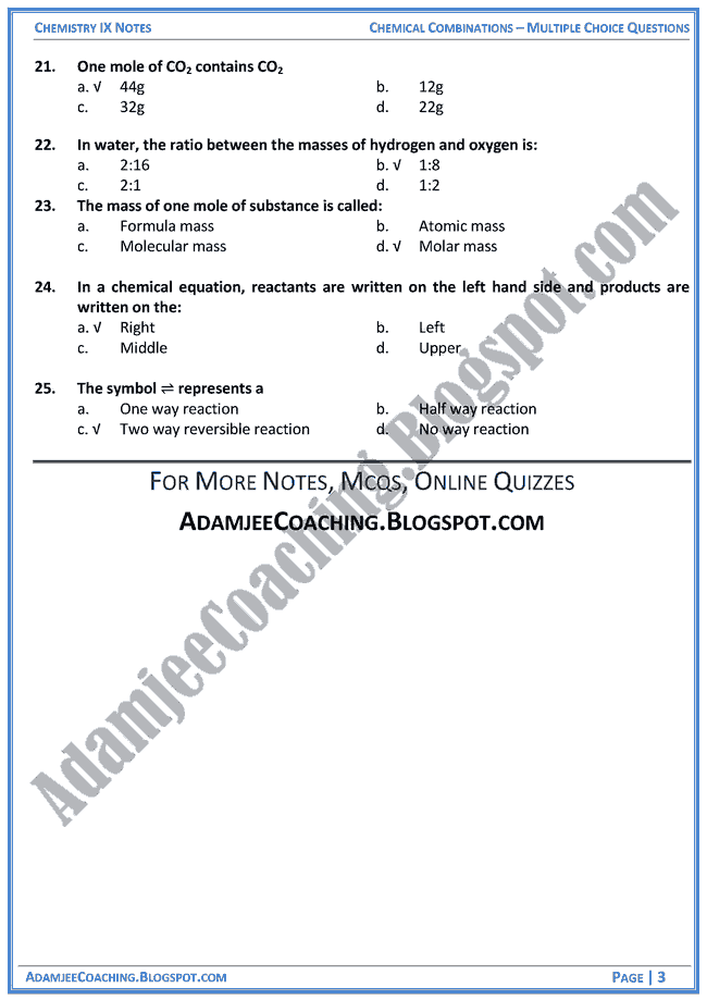 Adamjee Coaching Chemical Combinations MCQs Chemistry IX