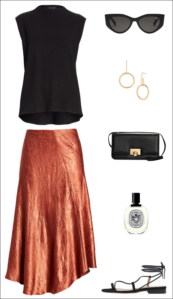 Darker Summer Outfit Idea: Sleeveless Top, Bottega Veneta Bag, Satin Skirt, and Flat Lace-Up Sandals