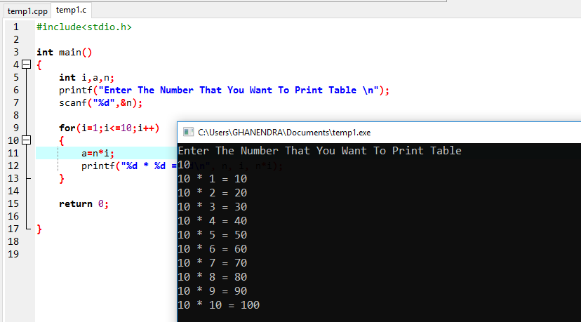 C Program To Print Multiplication Table Using For Loop