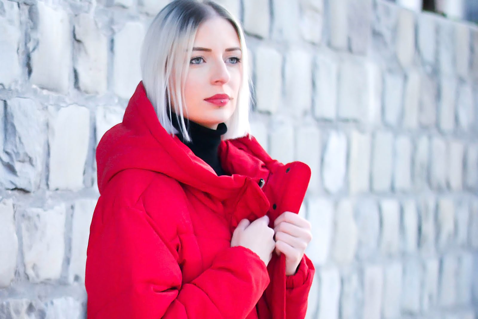 Red, puffer jacket, padded, puffy, pull and bear, oversized, outfit