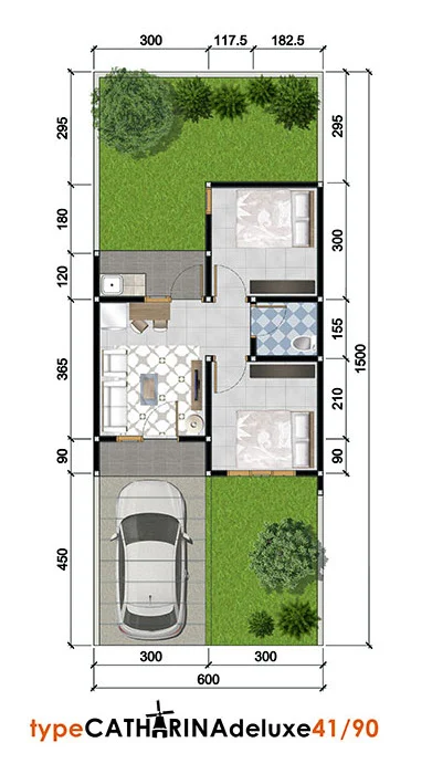 Denah rumah minimalis ukuran 6x15 meter 2 kamar tidur 1 lantai