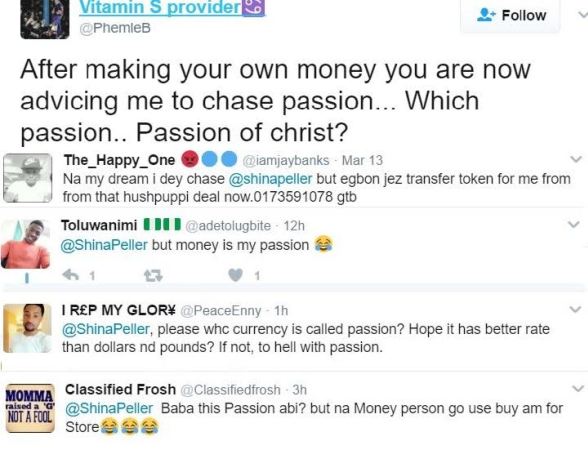 87 Twitter users clap back at Shina Peller for saying people should chase passion and not money