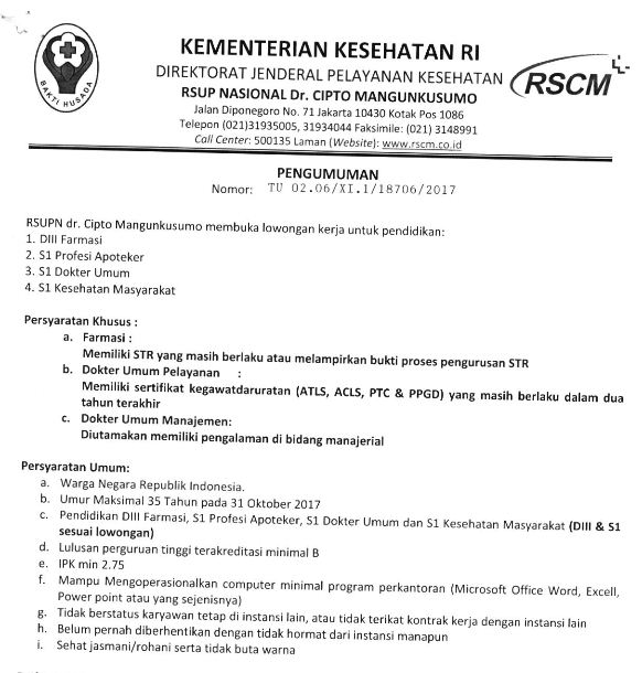 Lowongan Kerja Non Pns Rsupn Dr Cipto Mangunkusumo Tahun 2017 Lowongan Kerja Bumn Cpns Medis Dan Dosen Terbaru Bulan April 2021