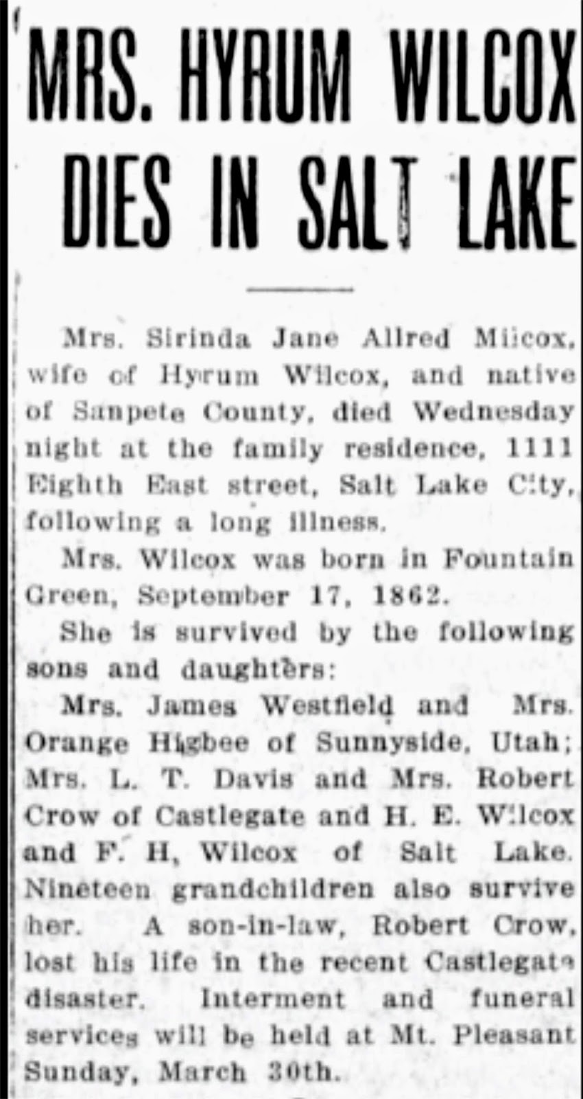 Mt. Pleasant Pioneer: Hyrum Woodruff Wilcox, Son of Joseph and Candace