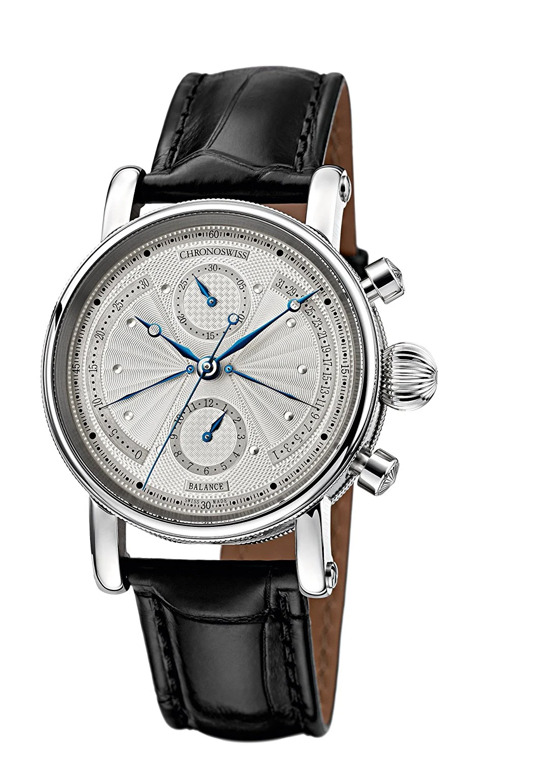 Chronoswiss Sirius Retrograde – orologio automatico da uomo con display argentato e cronografo e cinturino nero, 7543B