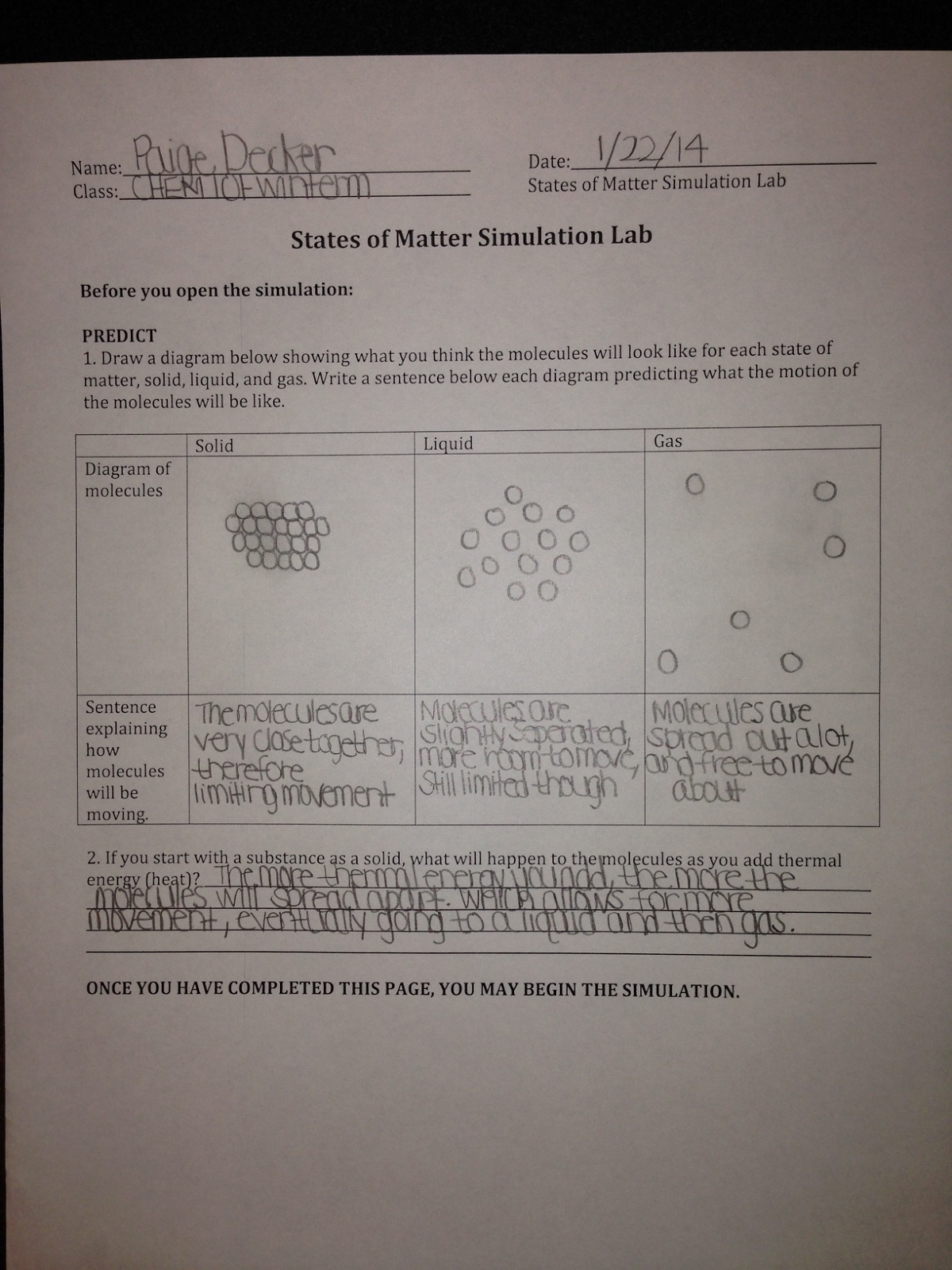 Visualizing Chemistry- Winterm: Activity Six: States of Matter and Throughout States Of Matter Worksheet Chemistry