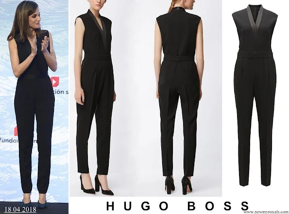 Queen Letizia wore HUGO BOSS V neck jumpsuit with satin trims