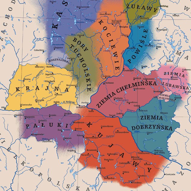 Mapa regionów etnograficznych 1850-1950, oprac. Teresa Okoniewska i Artur Trapszyc, wyk. Katarzyna Rosik (z wykorzystaniem Cyfrowej Mapy Polski PKiSIG IGiPZ PAN). Mapa stworzona do wystawy Tajemnice codzienności. Kultura ludowa i jej pogranicza od Kujaw do Bałtyku (1850-1950) w Muzeum Etnograficznym w Toruniu. Znaleziona na stronie nasze.kujawsko-pomorskie.pl