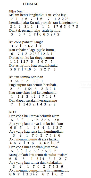 Not Angka Lagu Hijau Daun Cobalah Dunia Lirik Not Lagu