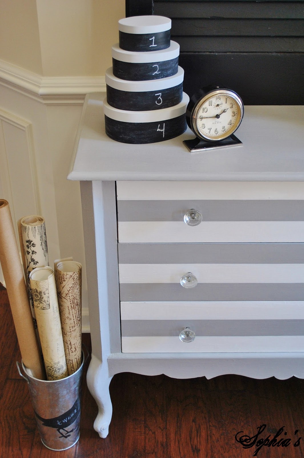 Grey and White Striped Dresser