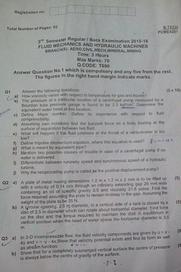 BPUT, Fluid Mechanics and Hydraulic Machines, BTech Civil, 2015
