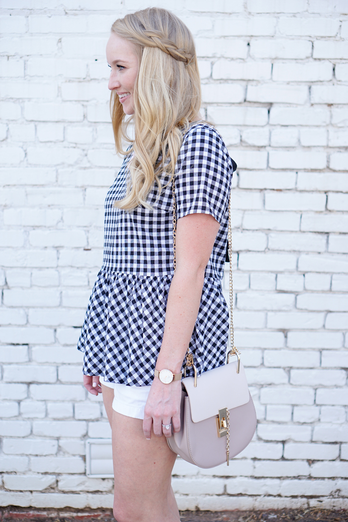 shein gingham top, shein review, bow tops, Chloe drew dupe, bow wedges, strawberry chic