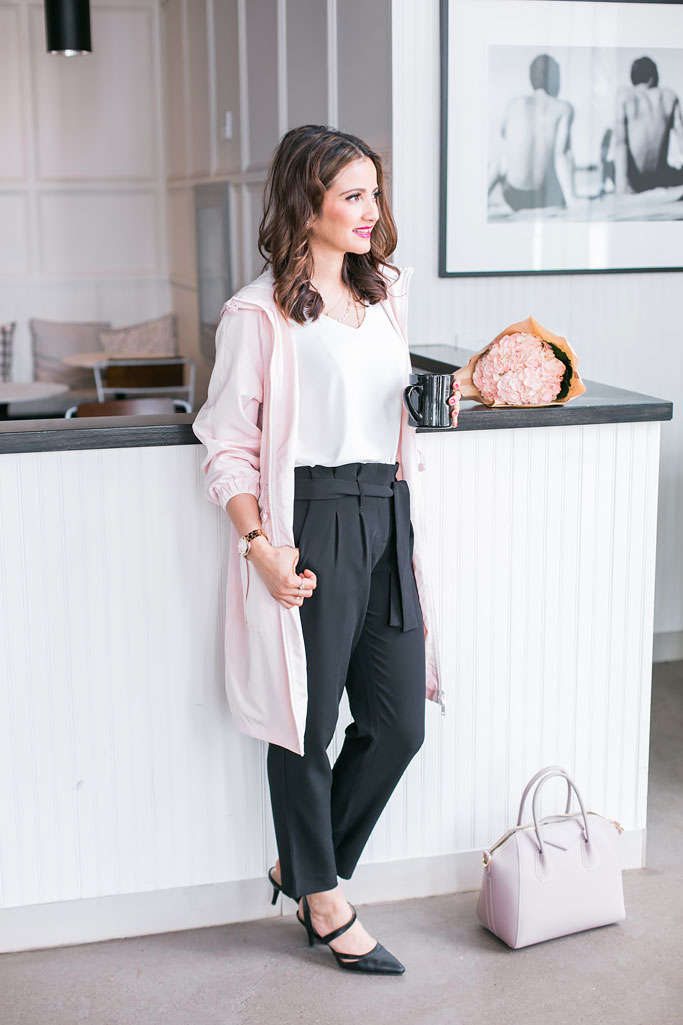 Blogger Outfit Pink Reitmans Pocket Raincoat in Rosewater White Shell Black Tailored Trousers Work Outfit