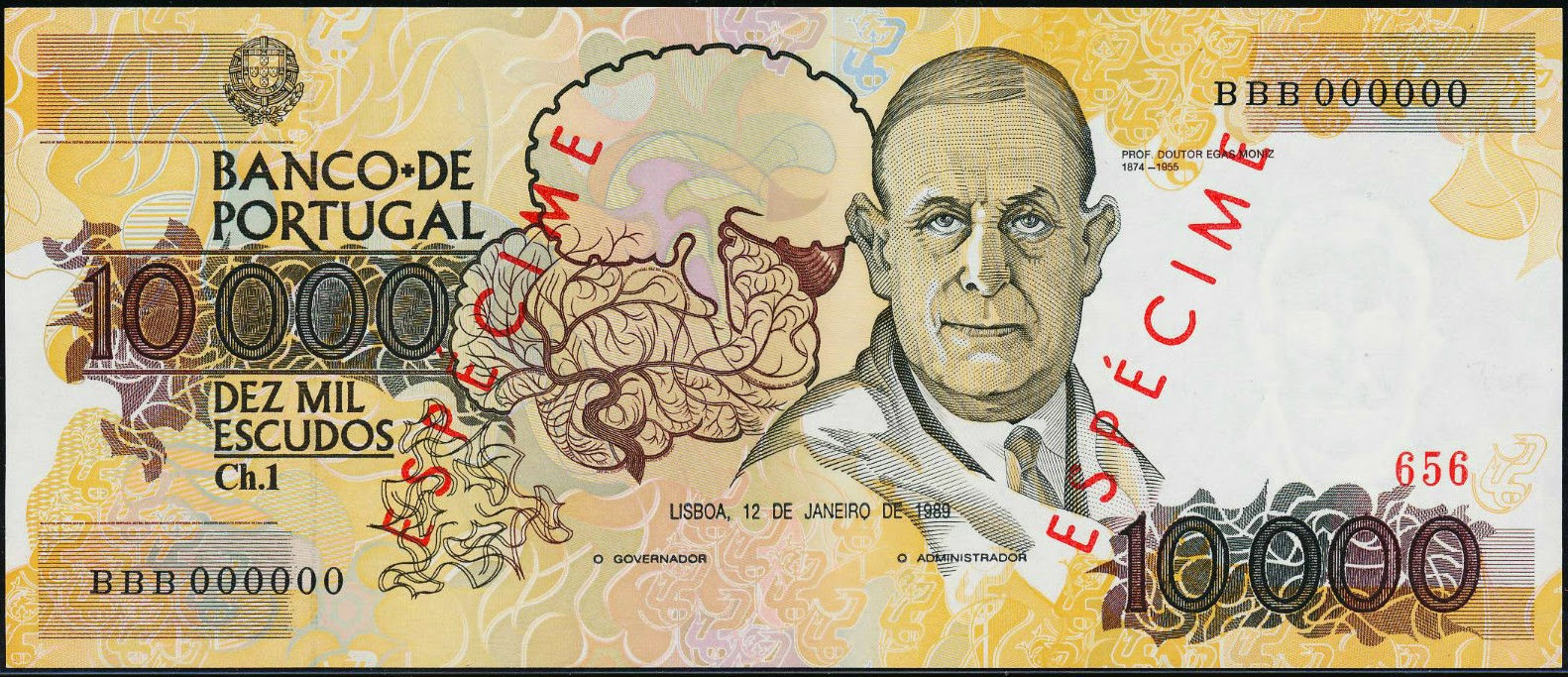 Portugal Banknotes 10000 Escudos banknote 1989 Professor Egas Moniz winner of the Nobel Prize in Physiology or Medicine
