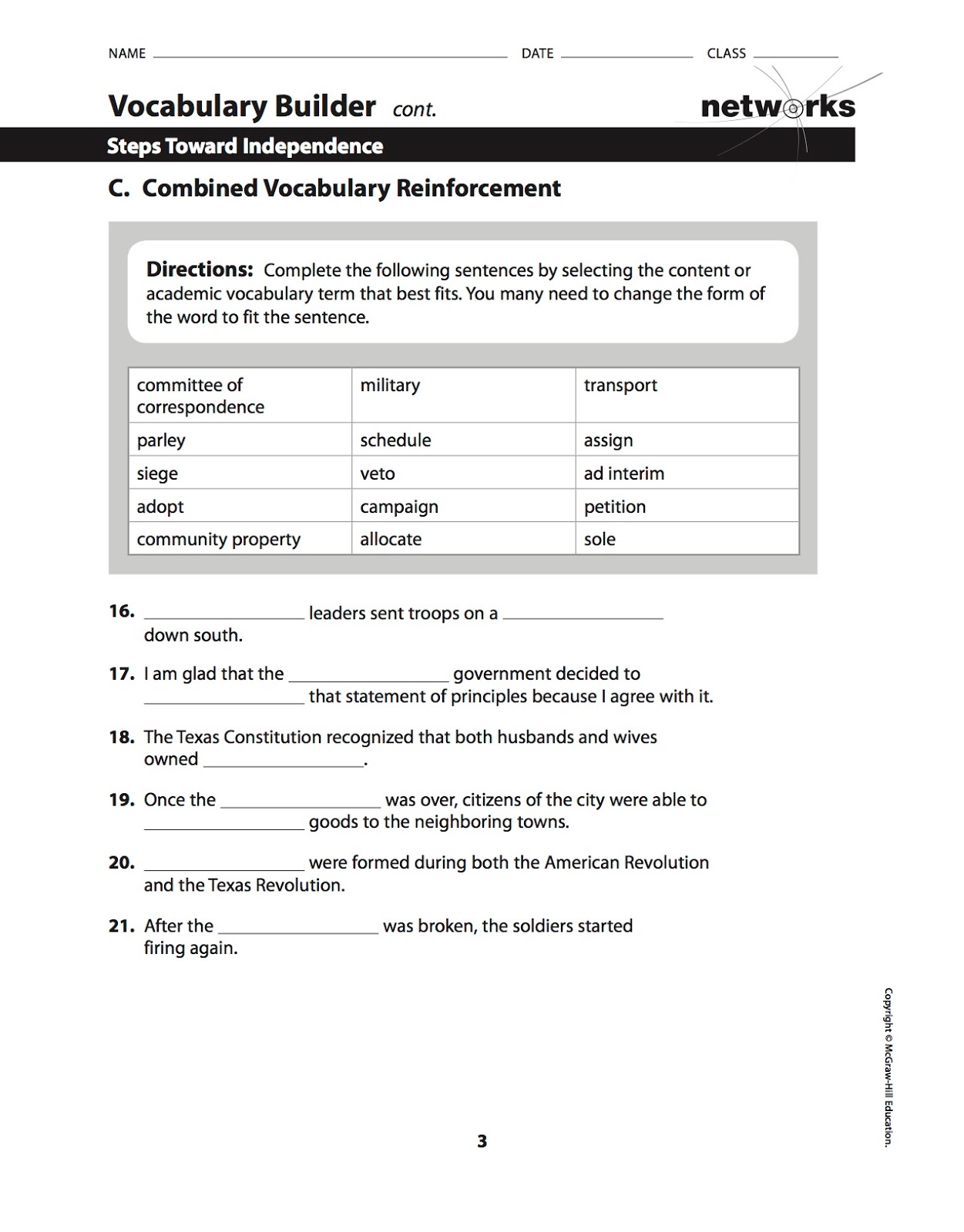 Ehms Texas History Chapter 10 Vocabulary And Vocabulary Builder Worksheet Assigned