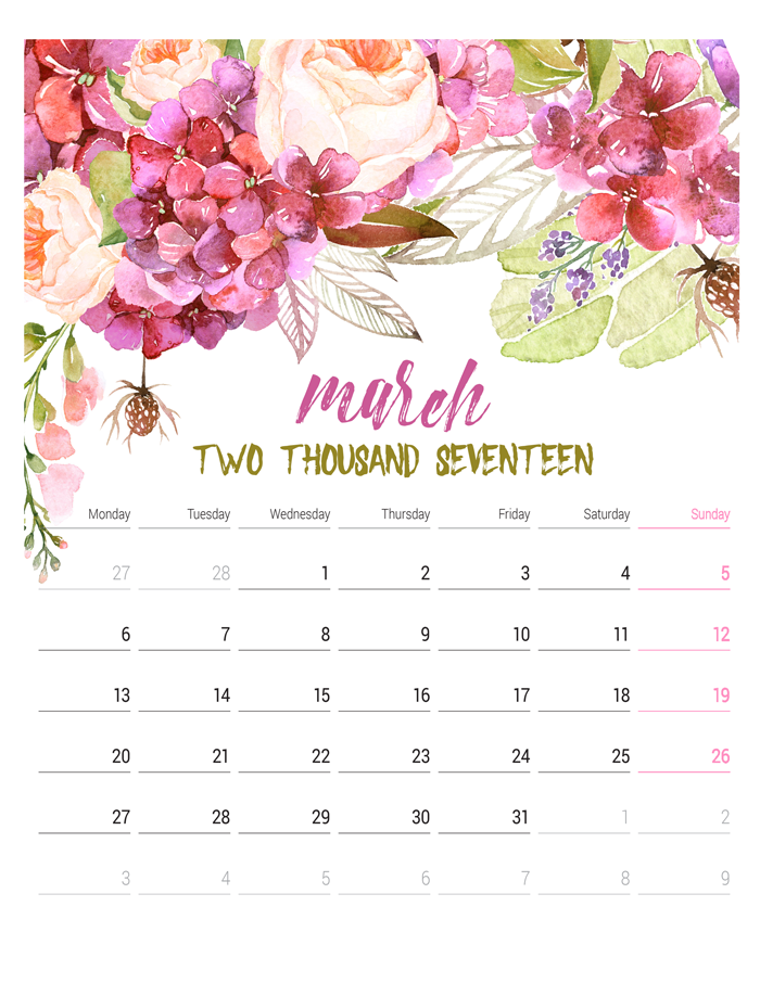 2017 Printable Watercolor Calendar | i should be mopping the floor