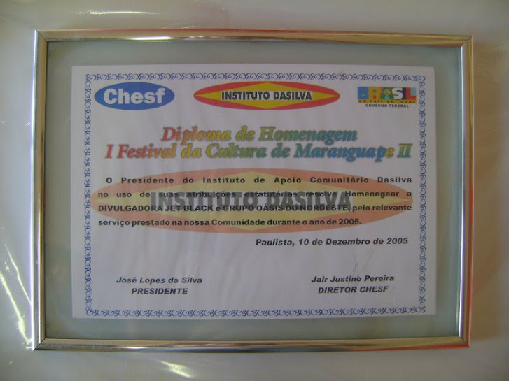 Certificado de Homenagem da Oásis do Nordeste 2005 Chesf PE.