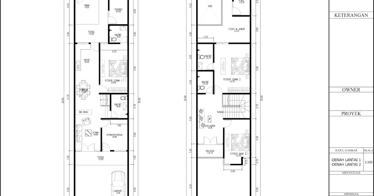 Inspirasi Denah Rumah 6X25 ada Ruang Praktek/Usaha di Depan 2 Lantai Full