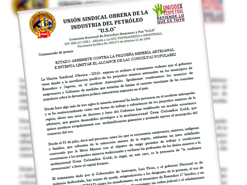 Comunicado de solidaridad con comunidades del Nordeste Antioqueño Comunicado de solidaridad con comunidades del Nordeste Antioqueño