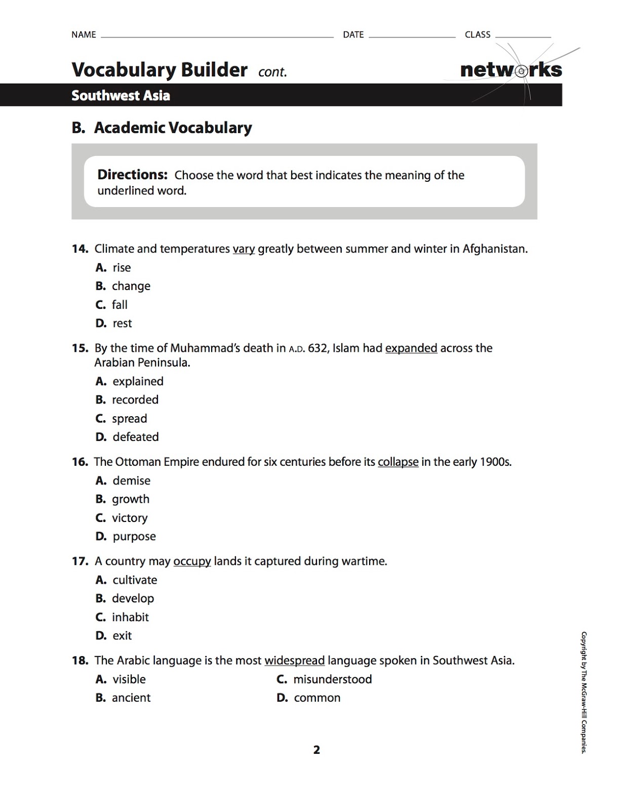 EHMS World Cultures & Geography: Chapter 17 Vocabulary Builder
