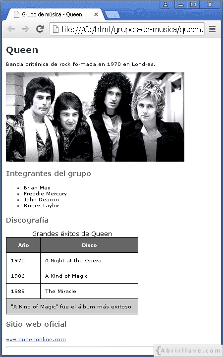 Datos del grupo de música Queen en un archivo HTML.