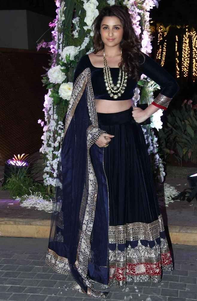 Beautiful Hindi Girl Parineeti Chopra Long Hair Stills In Blue Lehenga Choli