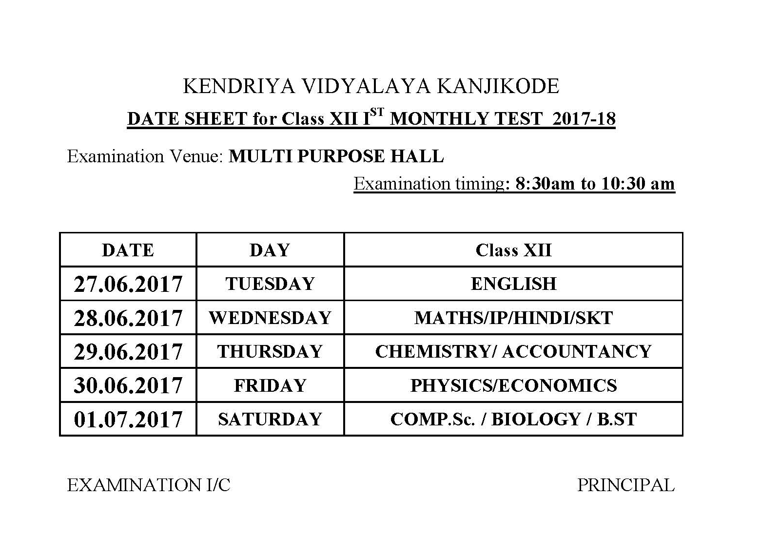 DATE SHEET for PERIODIC TEST 1 CLASSES VI TO XI and Class XII MONTHLY TESTS Library