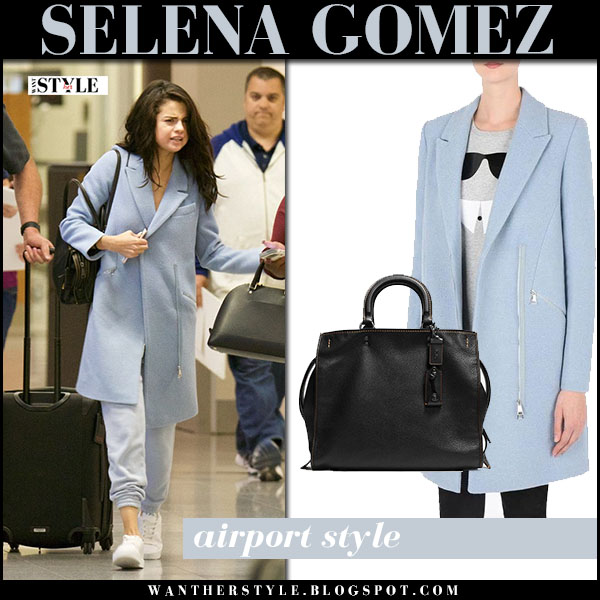 Selena Gomez in baby blue coat at Atlanta airport March 2017
