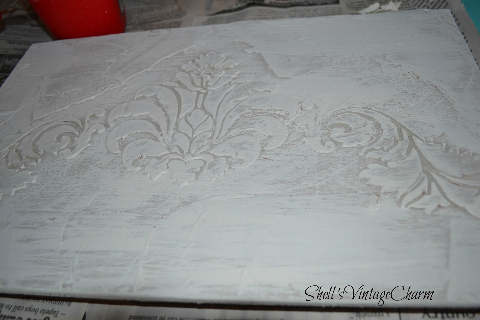 Shell's Vintage Charm: Tutorial for Raised Stencil Design on Cabinet Door