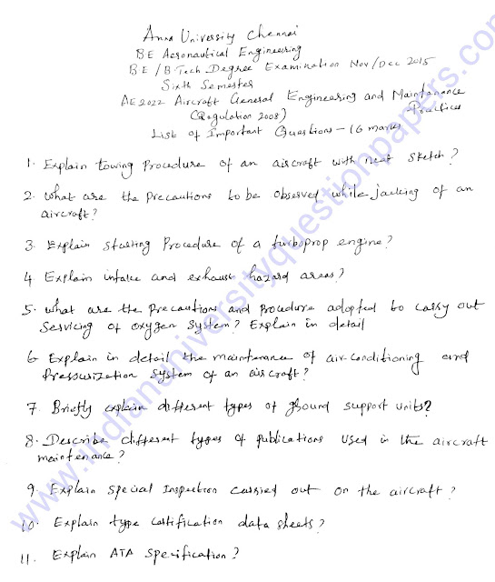 AE2022 Aircraft General Engineering and Maintenance Practices Important