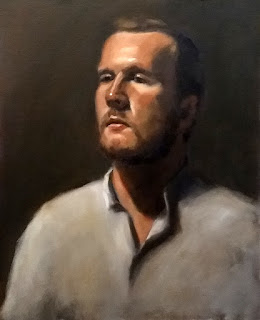 Oil painting of a young man with fair hair and beard wearing a white shirt.