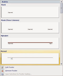 Footer merupakan barisan teks yang terdapat pada pecahan bawah halaman dokumen Tutorial Cara Membuat footer di Microsoft word 2007