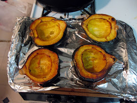About an hour at 325 F for the acorn squash to get soft and golden brown.