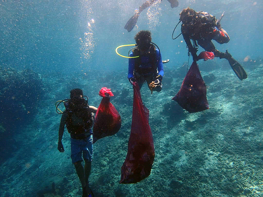 Sea Rovers Dive Bali Cleaning up underwater at Menjangan Island