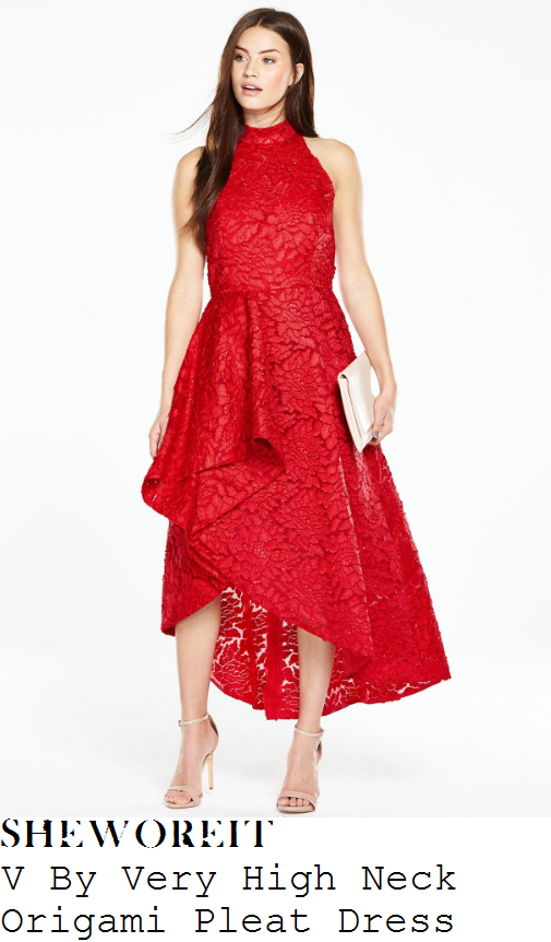 lucy-mecklenburgh-v-by-very-lipstick-red-semi-sheer-floral-lace-sleeveless-high-neck-cut-away-shoulder-origami-pleat-detail-asymmetric-waterfall-hem-maxi-dress