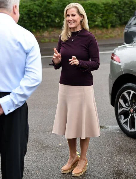 Sophie, Countess of Wessex wore Aross Girl silk satin midi skirt, Castaner Carina canvas wedge espadrilles, Patrick Mavros earrings